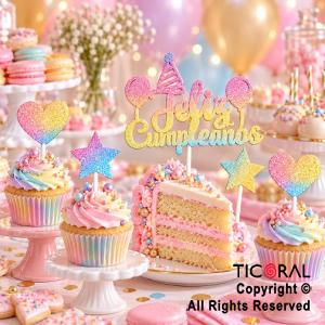 CAKE TOPPER FELIZ CUMPLEA�OS CON ESTRELLAS Y CORAZONES GIBRE MULTICOLOR